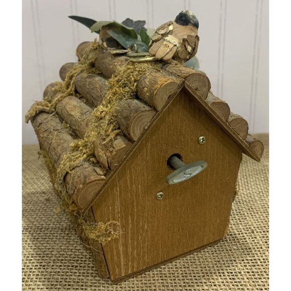 Rustic Wood Birdhouse Cookoo or Music Box With Faux Greenery & Bird Inside - Picture 3 of 8